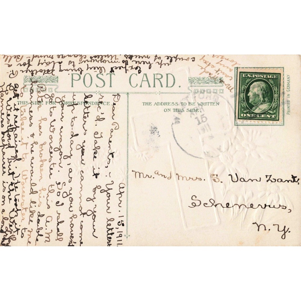 Vintage 1911 Easter Postcard Embossed Cross Daisies Cottage 1c Franklin Stamp - Picture 2 of 2